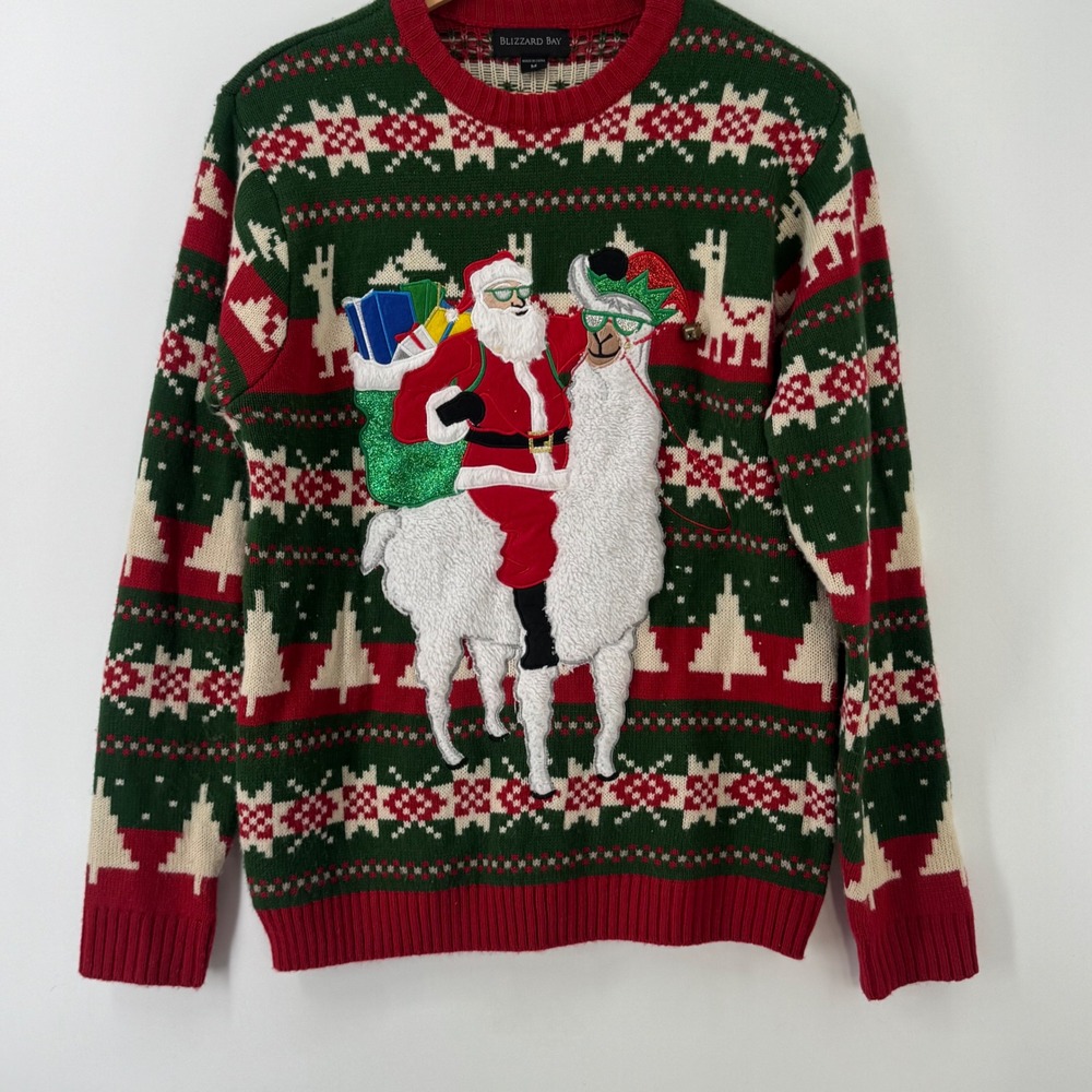 Blizzard Bay Mens Santa Riding Llama Ugly Christmas Sweater Green Red Medium